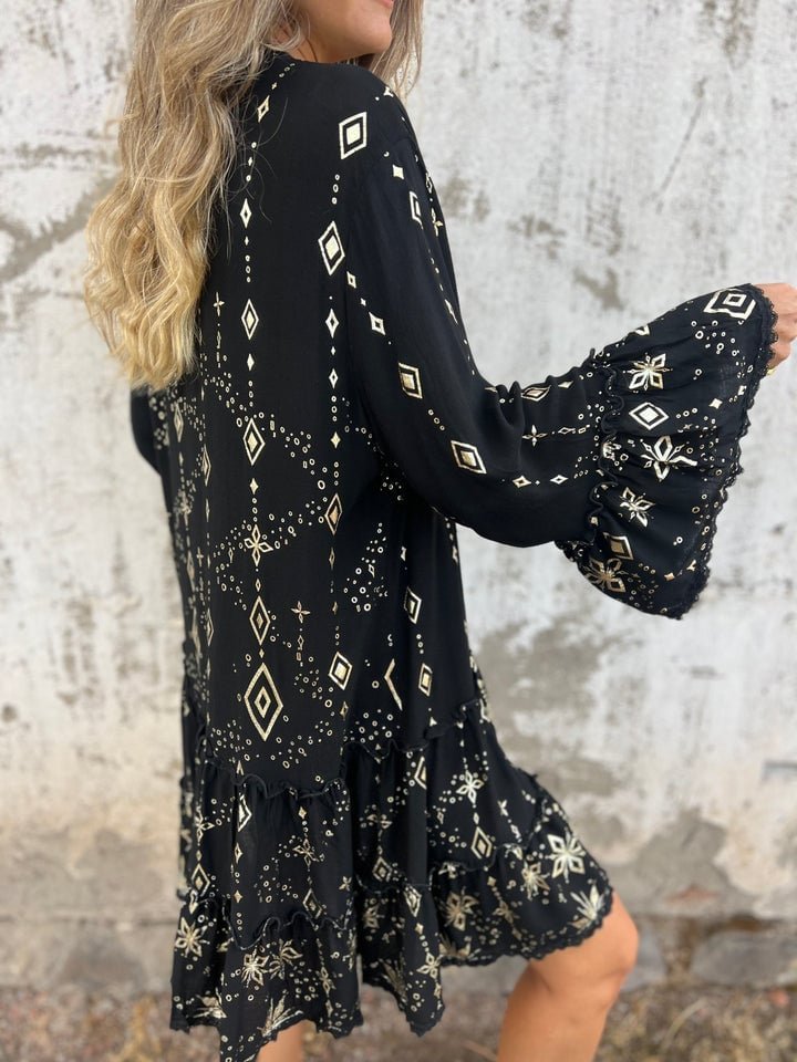Women's Boho Gold-Embellished Flared-Sleeve Tiered Mini Dress