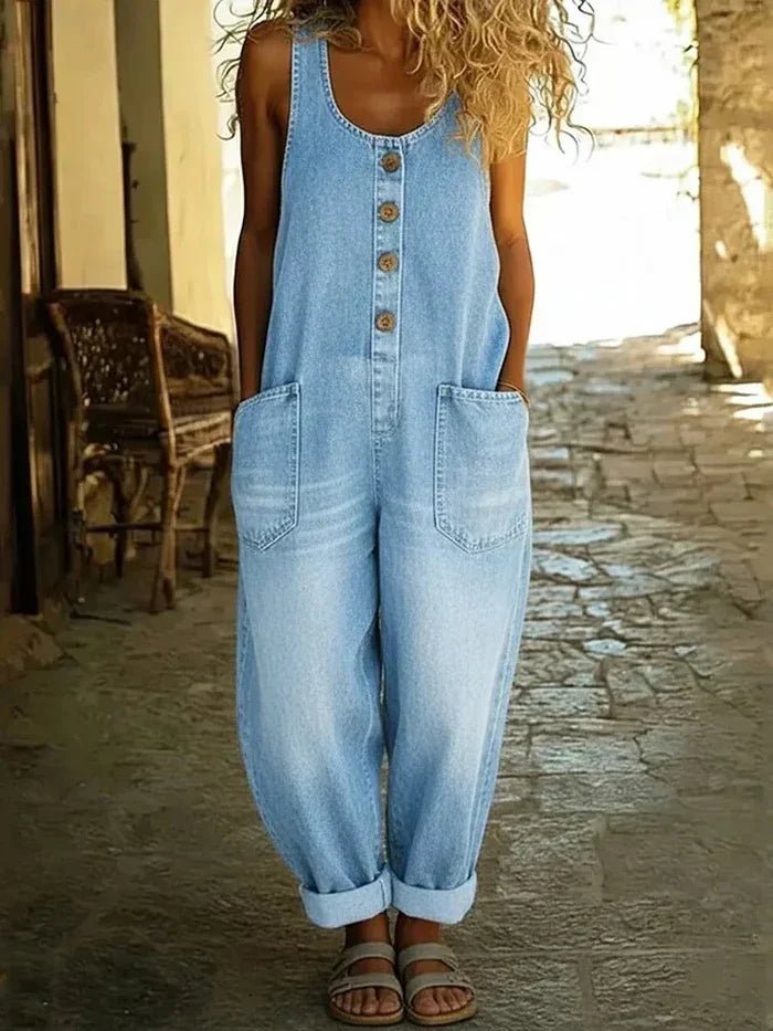 Women's Boho Loose-Fit Sleeveless Denim Dungaree Jumpsuit - Light Blue
