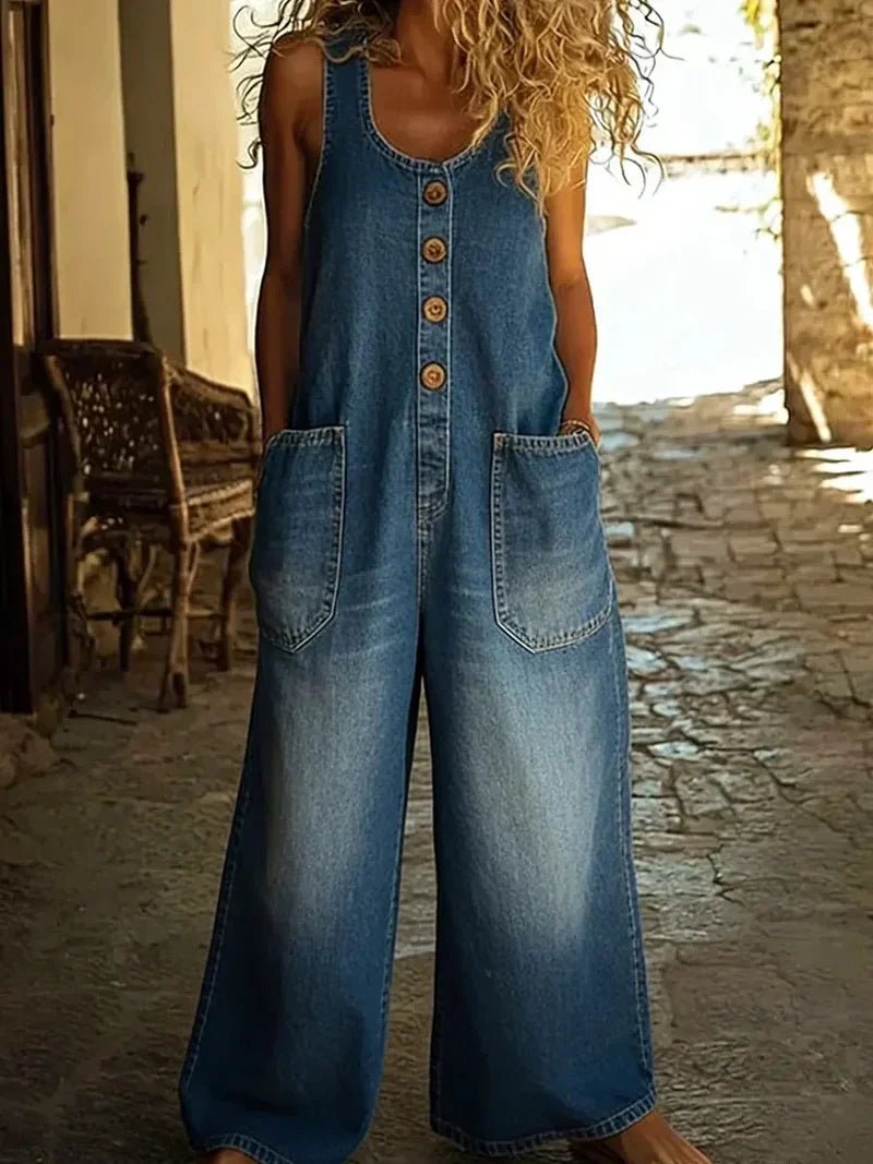 Women's Boho Loose-Fit Sleeveless Denim Dungaree Jumpsuit - Blue