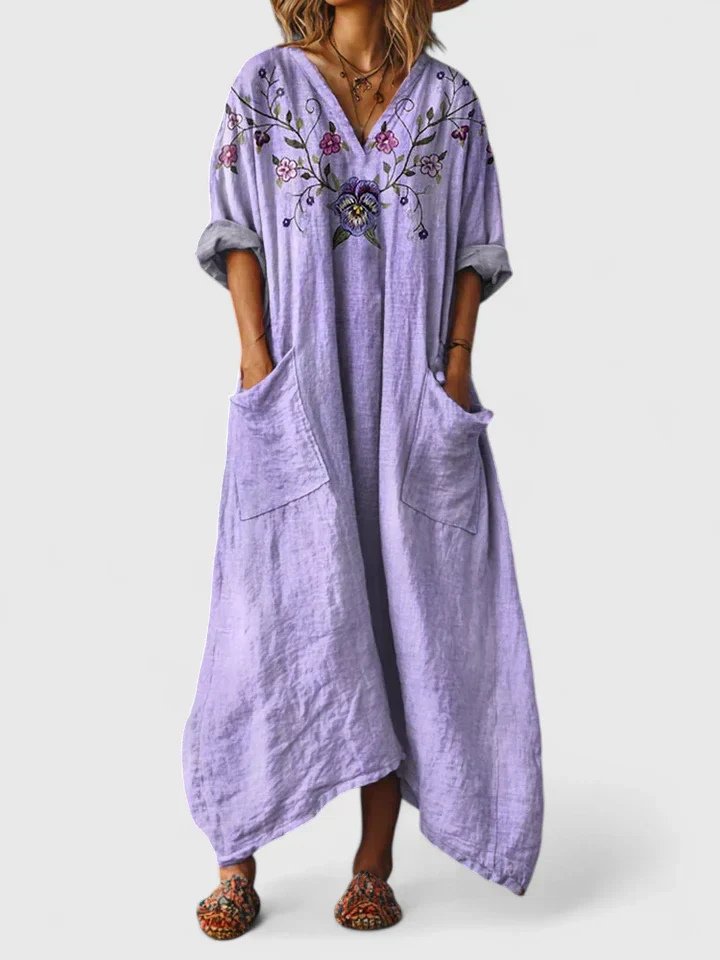 Women's Boho Paisley Print Oversized Cotton Maxi Dress - Purple