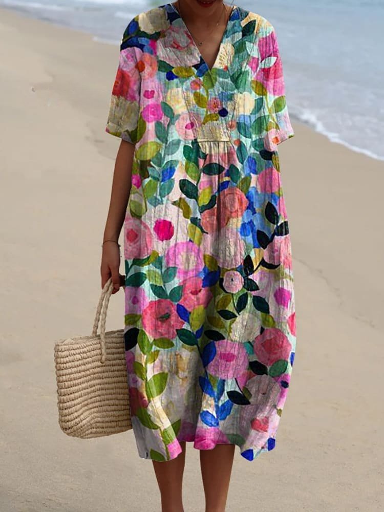 Women's Boho Striped V-Neck Short-Sleeve Relaxed Midi Dress - Colorful