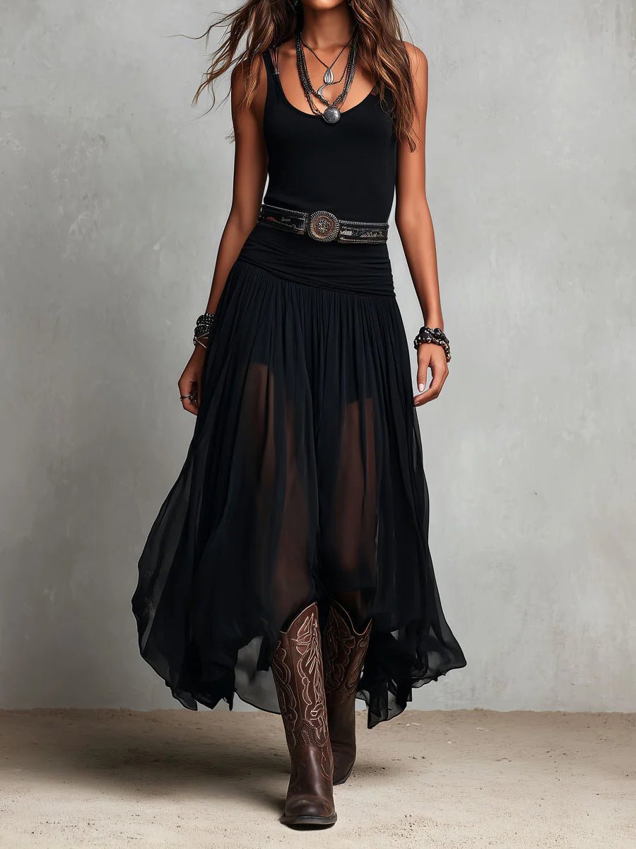 Women's Boho V-Neck Sleeveless Sheer Tulle Belted Maxi Dress - Black