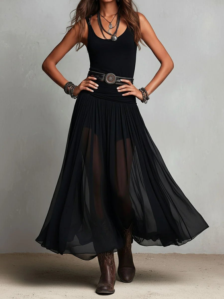 Women's Boho V-Neck Sleeveless Sheer Tulle Belted Maxi Dress