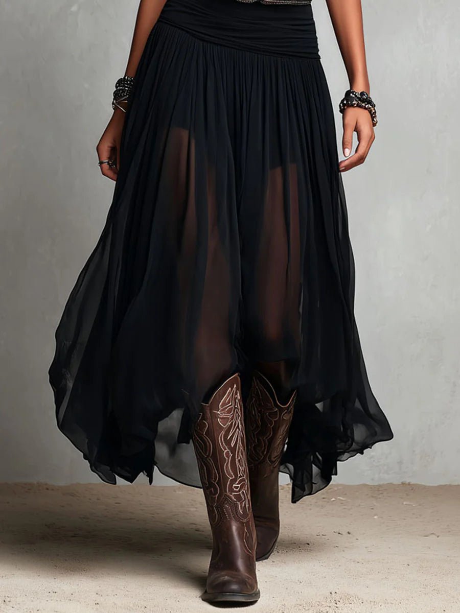 Women's Boho V-Neck Sleeveless Sheer Tulle Belted Maxi Dress