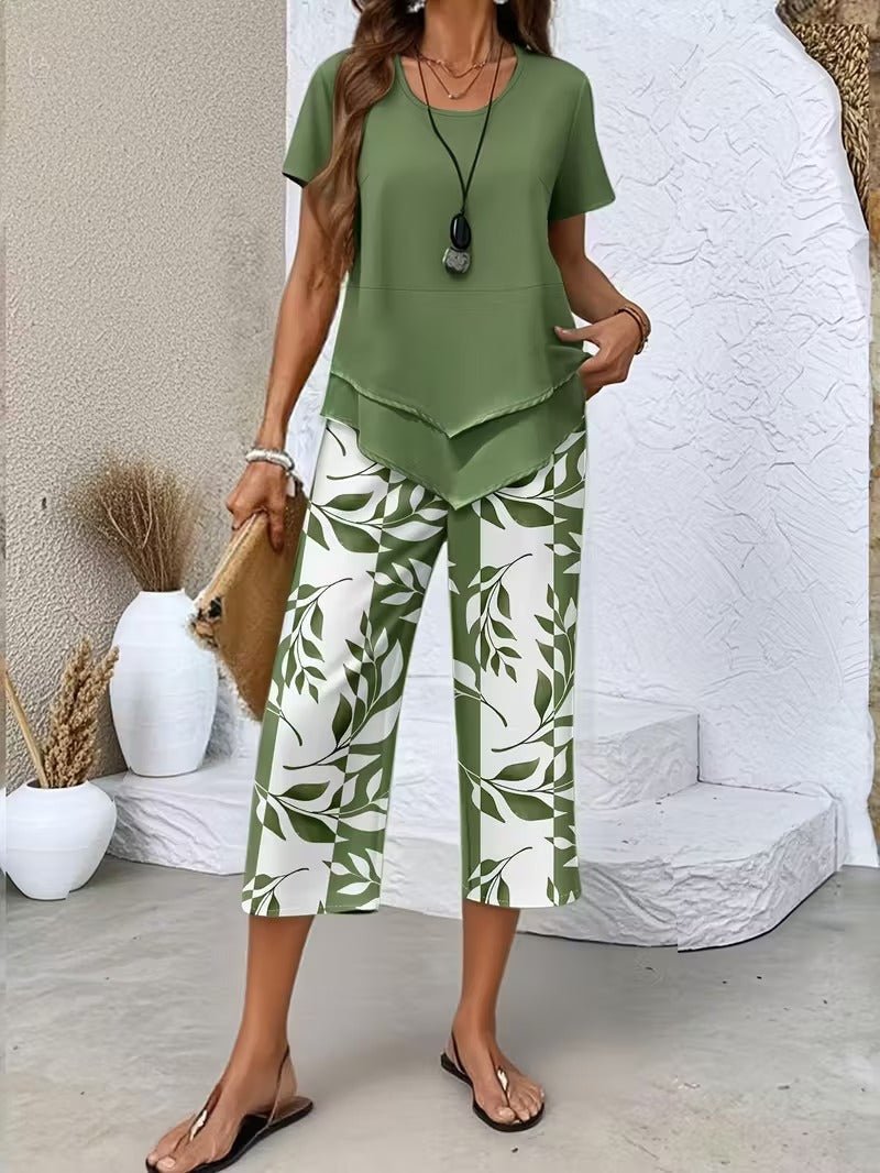 Women's Botanical Leaf Print Short Sleeve Relaxed Two Piece Set - Green