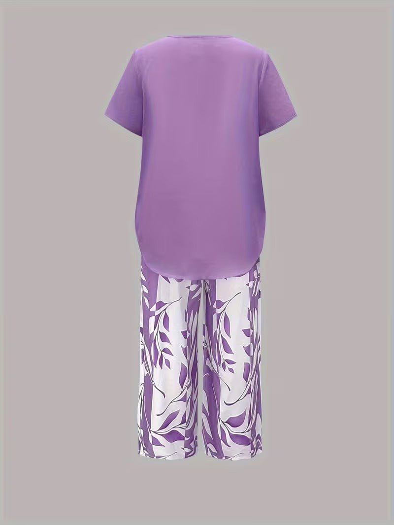 Women's Botanical Leaf Print Short Sleeve Relaxed Two Piece Set