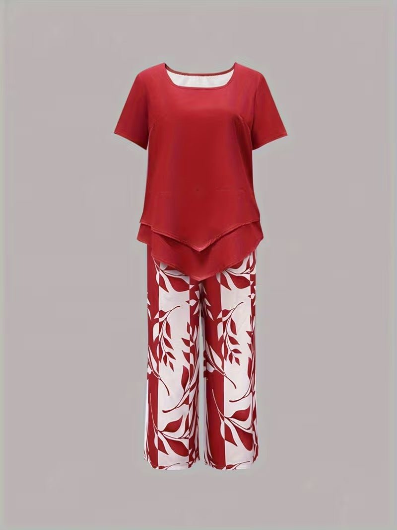 Women's Botanical Leaf Print Short Sleeve Relaxed Two Piece Set
