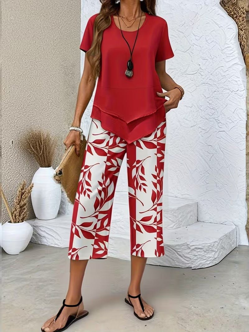 Women's Botanical Leaf Print Short Sleeve Relaxed Two Piece Set - Red