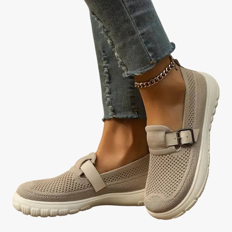 Women's Breathable Mesh Slip-On Loafers Buckle Strap Arch Support - Beige