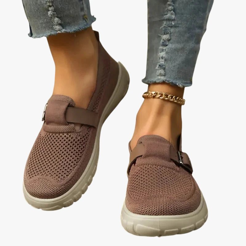 Women's Breathable Mesh Slip-On Loafers Buckle Strap Arch Support - Brun