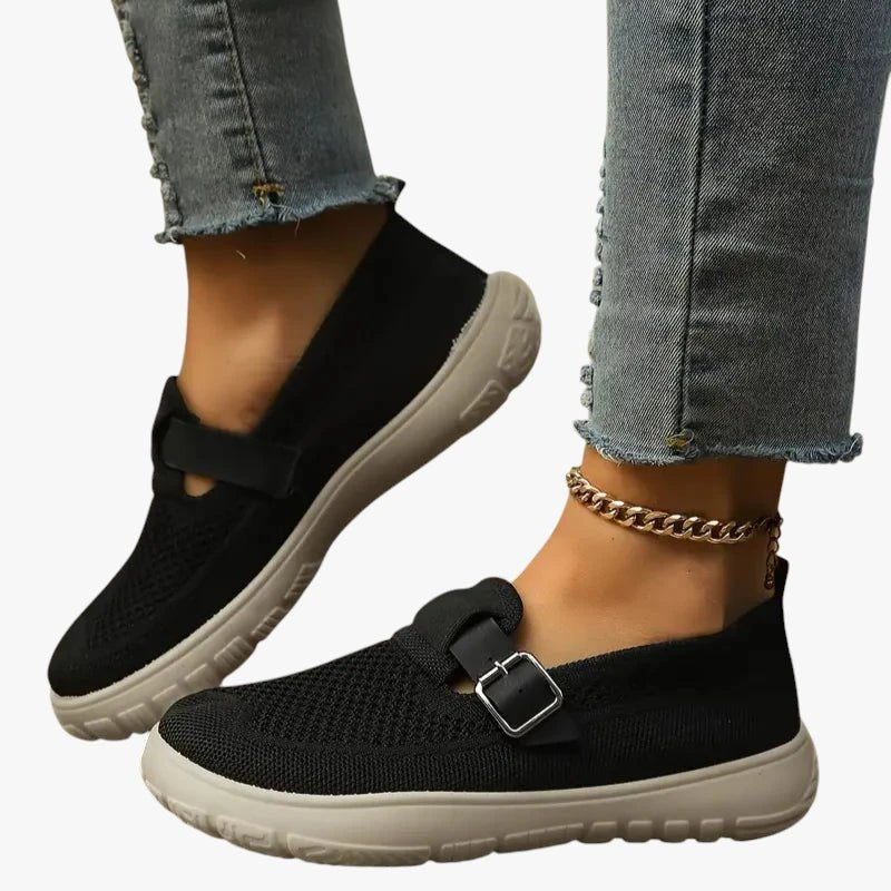 Women's Breathable Mesh Slip-On Loafers Buckle Strap Arch Support - Sort