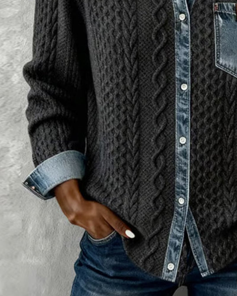 Women's Cable-Knit Denim Patchwork Long-Sleeve Button-Up Shirt