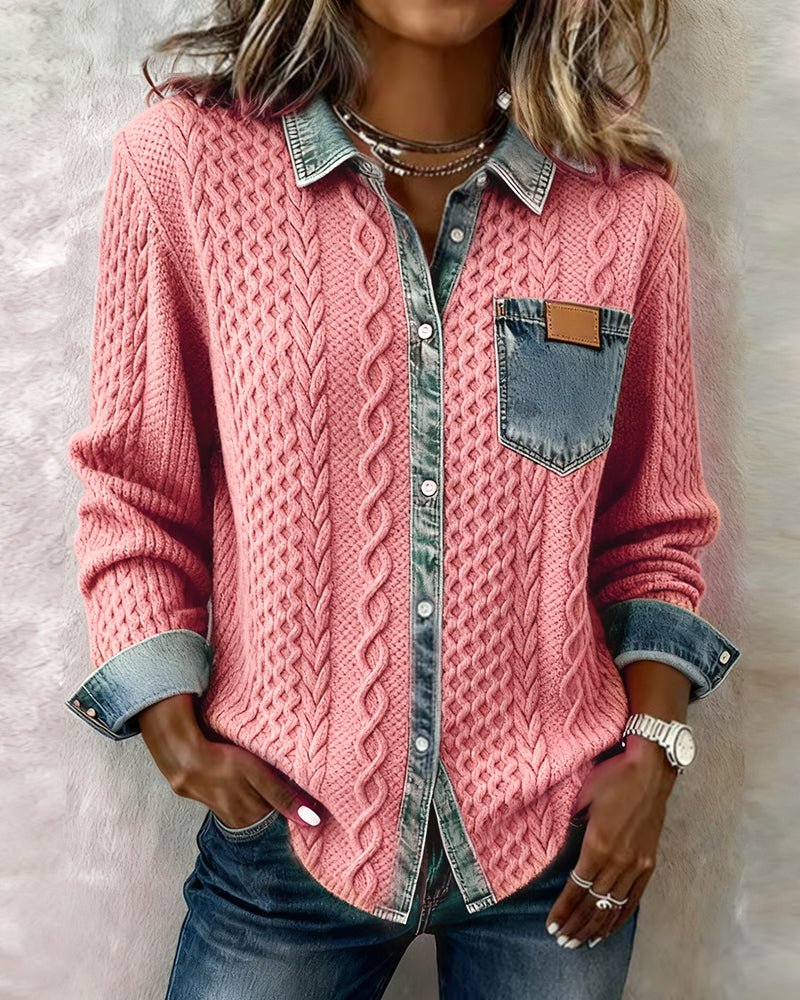 Women's Cable-Knit Denim Patchwork Long-Sleeve Button-Up Shirt - Pink