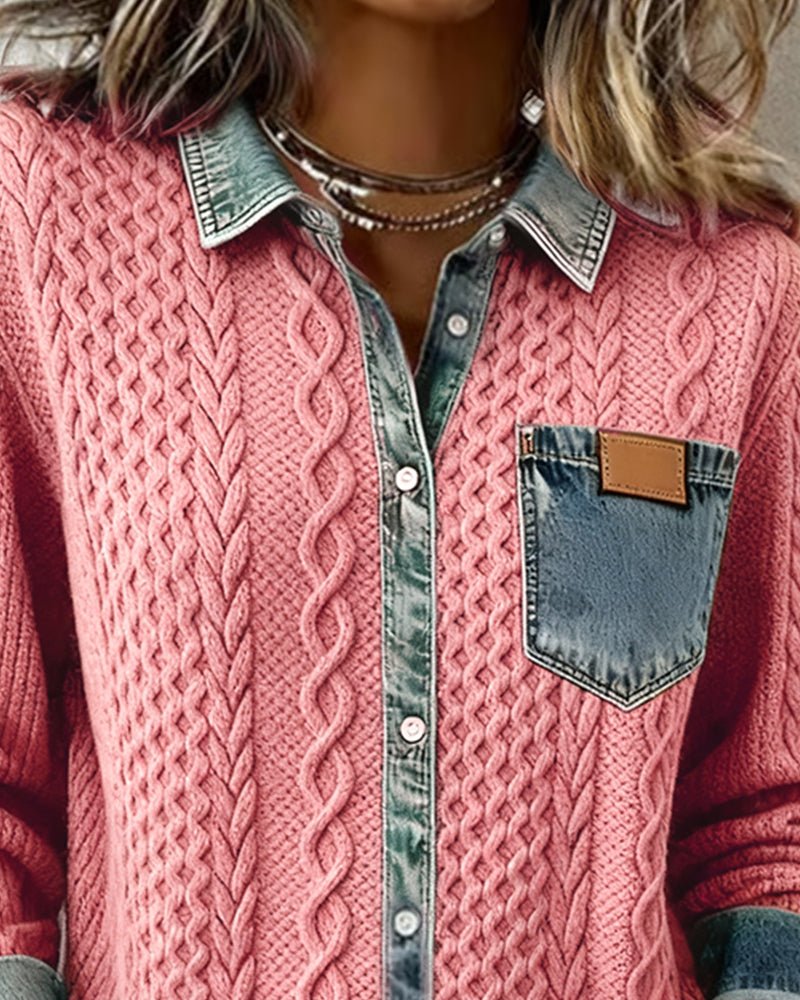 Women's Cable-Knit Denim Patchwork Long-Sleeve Button-Up Shirt
