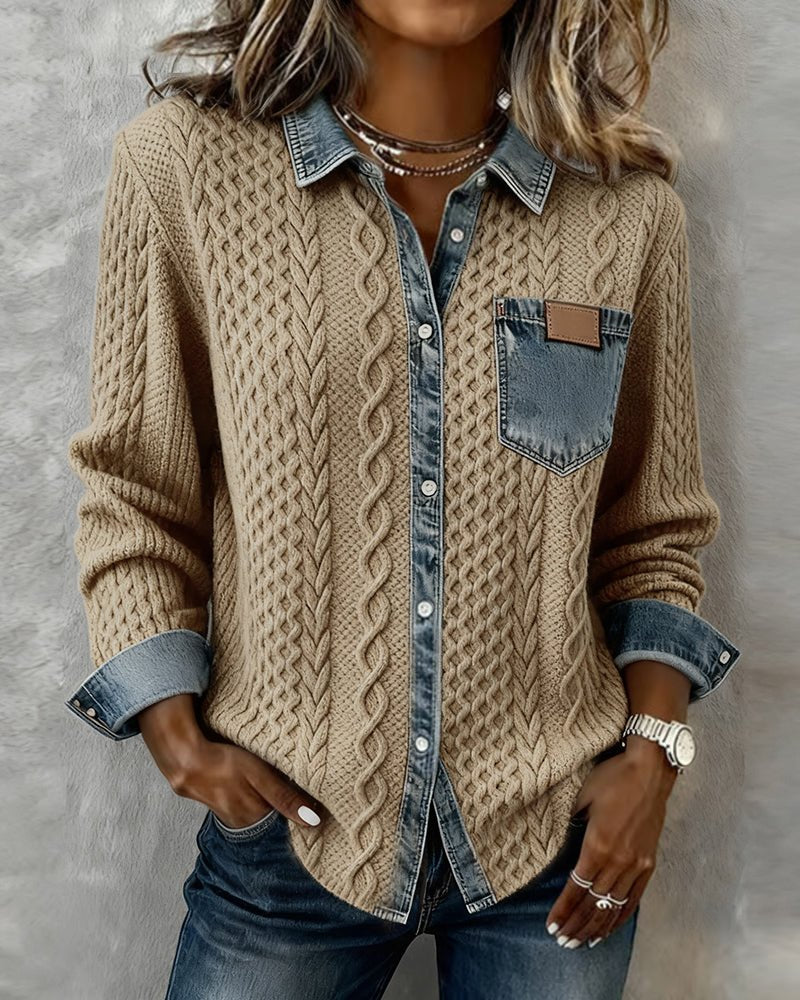 Women's Cable-Knit Denim Patchwork Long-Sleeve Button-Up Shirt - Khaki