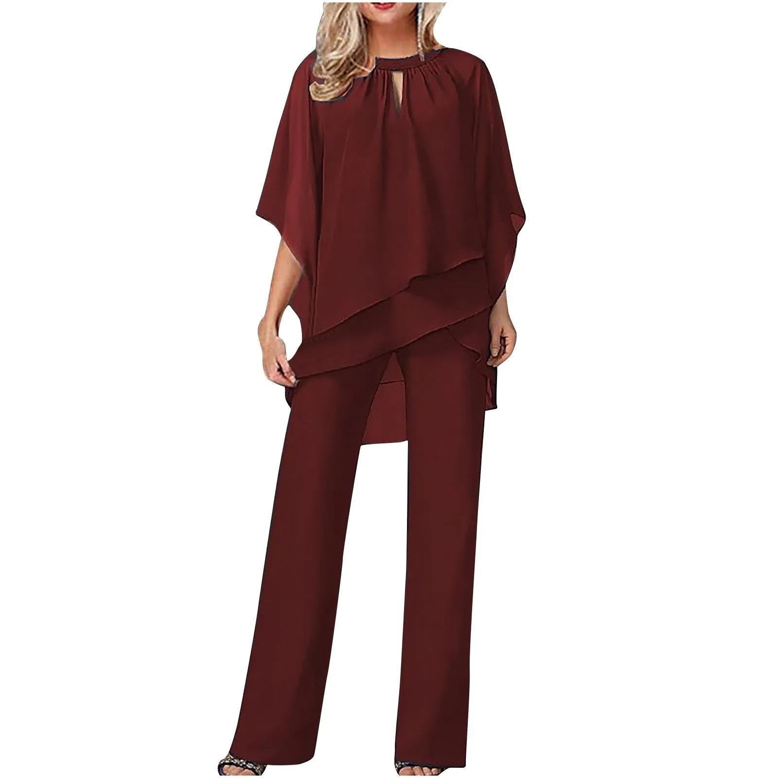 Women's Chiffon Asymmetric Batwing-Sleeve Wide-Leg Trouser Suit - Burgunderrot