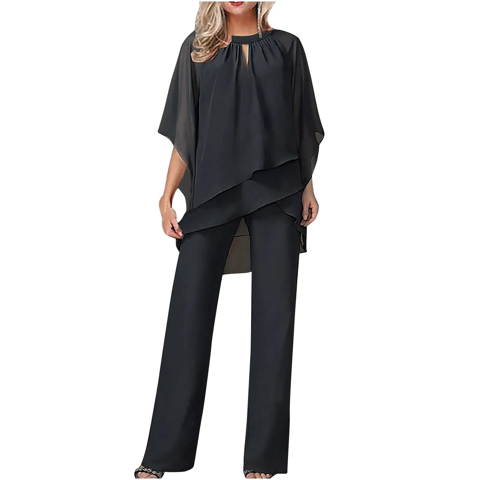 Women's Chiffon Asymmetric Batwing-Sleeve Wide-Leg Trouser Suit - Schwarz