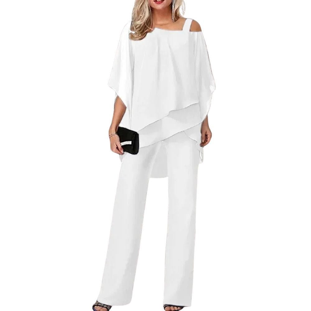 Women's Chiffon Asymmetric Batwing-Sleeve Wide-Leg Trouser Suit - Weiß
