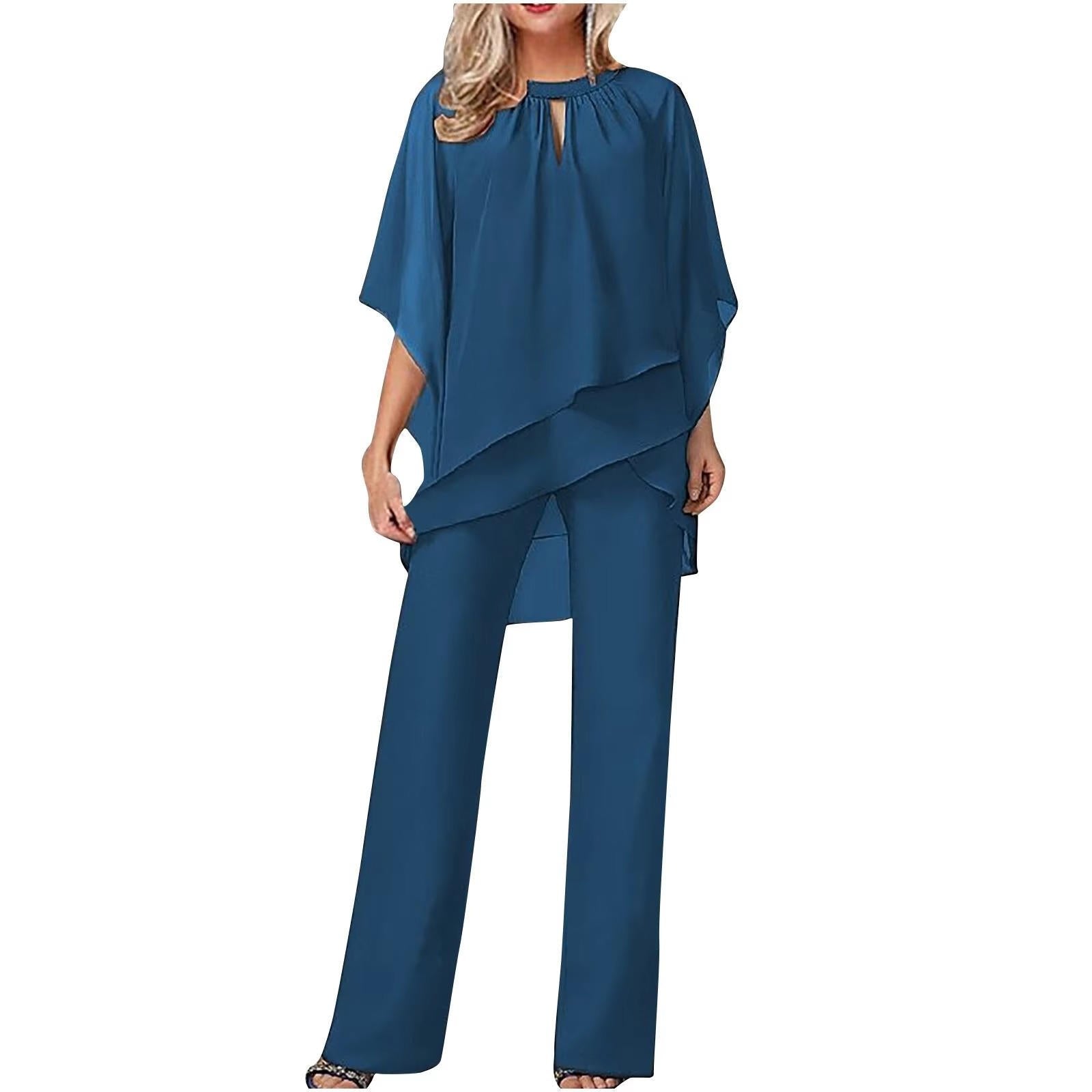 Women's Chiffon Asymmetric Batwing-Sleeve Wide-Leg Trouser Suit - Königsblau