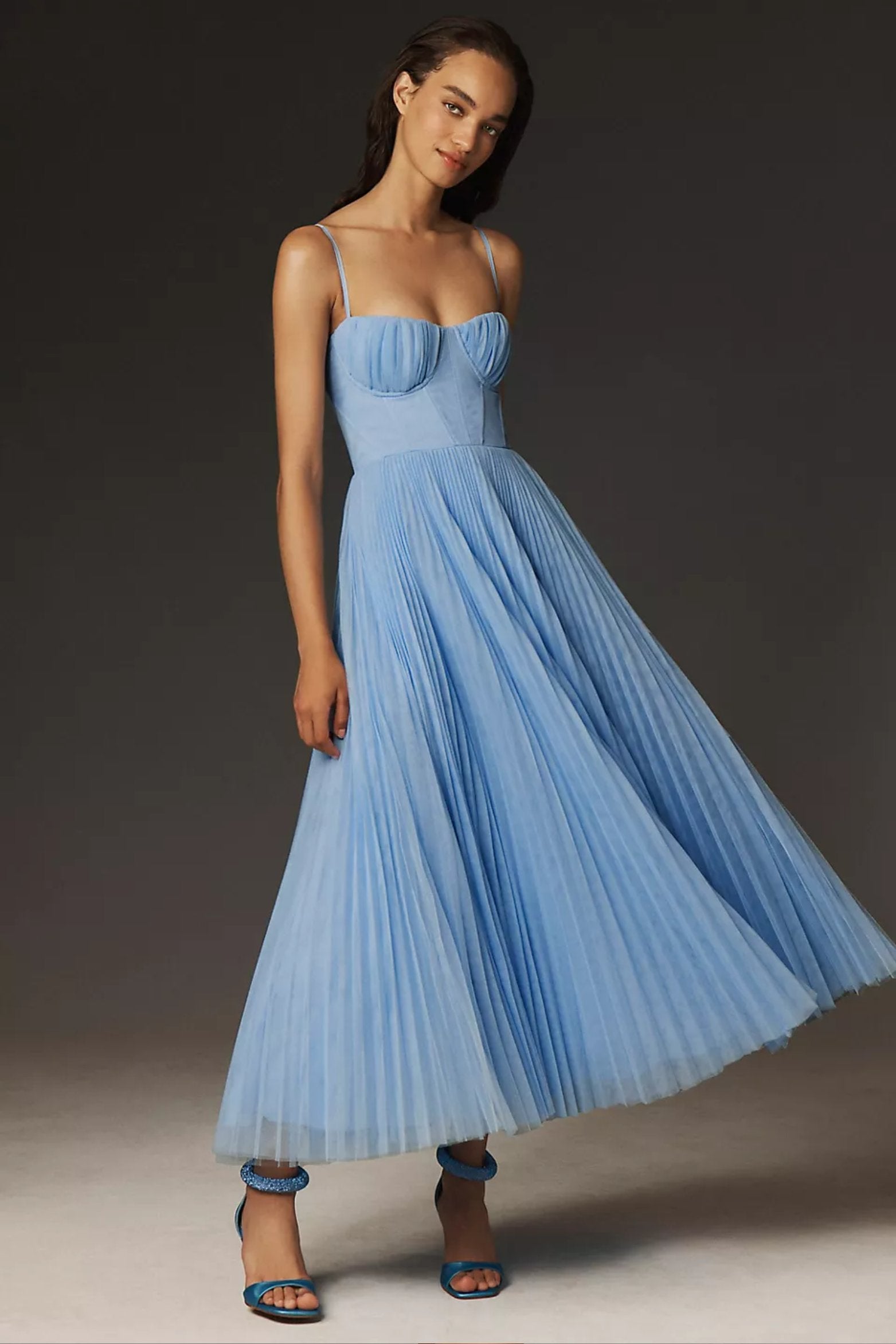Women's Corset-Bodice Pleated Tulle Midi Slip Dress - Blue