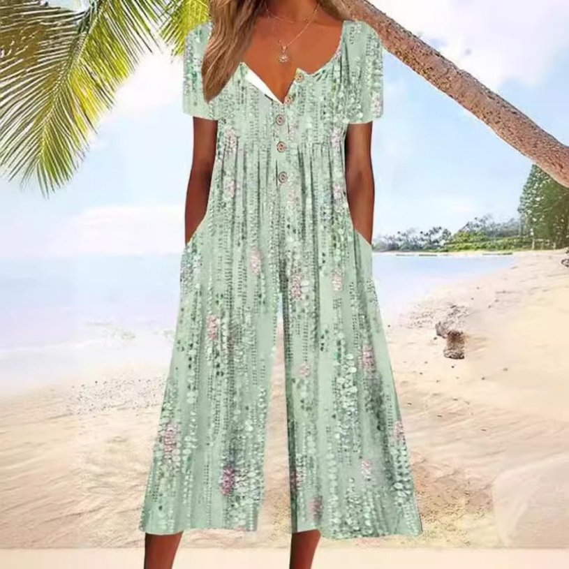 Women's Cotton Button-Front Short-Sleeve Culotte Jumpsuit - Green