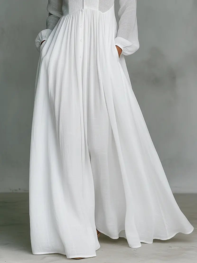 Women's Cotton-Linen Button-Front Stand Collar Maxi Shirt Dress
