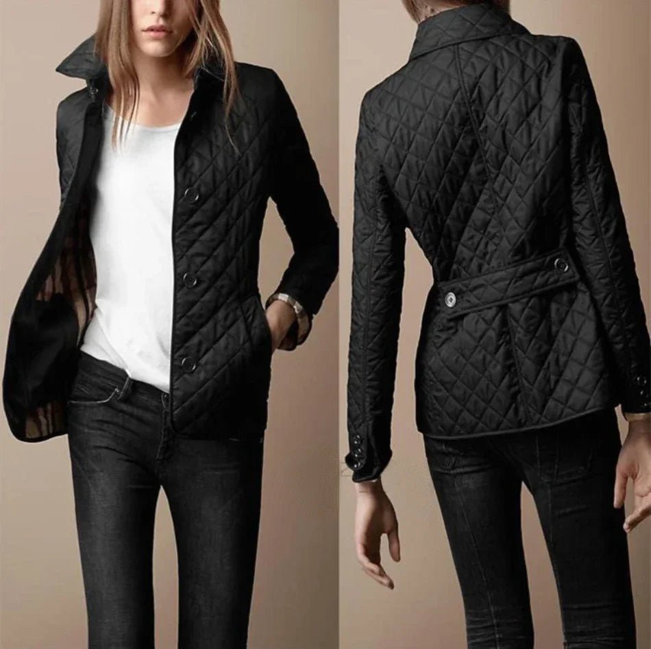Women's Diamond-Quilted Button-Through Tailored Outerwear Jacket - Black