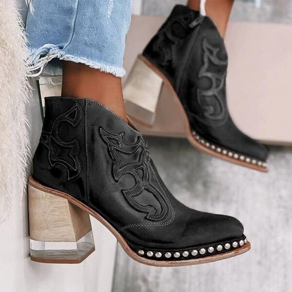 Women's Embroidered Western Cowboy Block-Heel Ankle Boots - Santafe Black