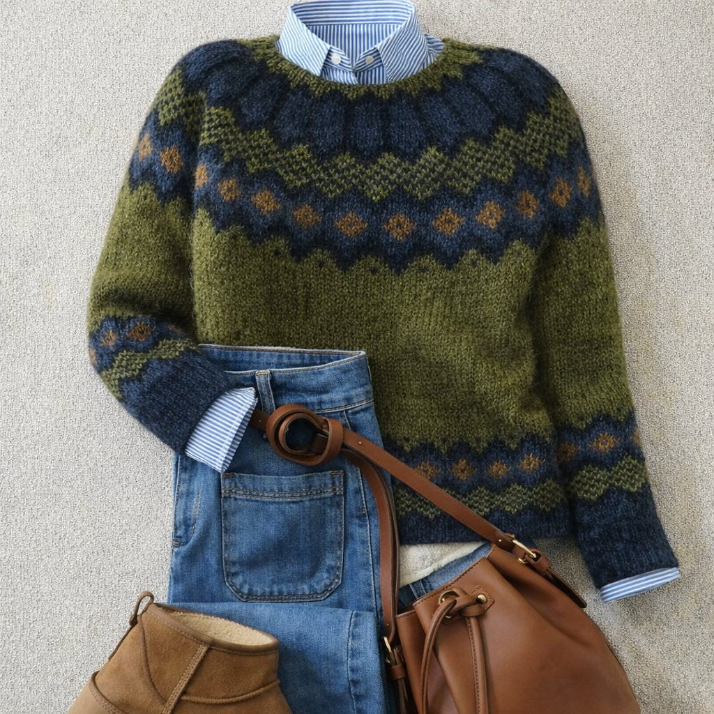 Women's Fair Isle Nordic Knit Relaxed-Fit Crew-Neck Jumper - Green