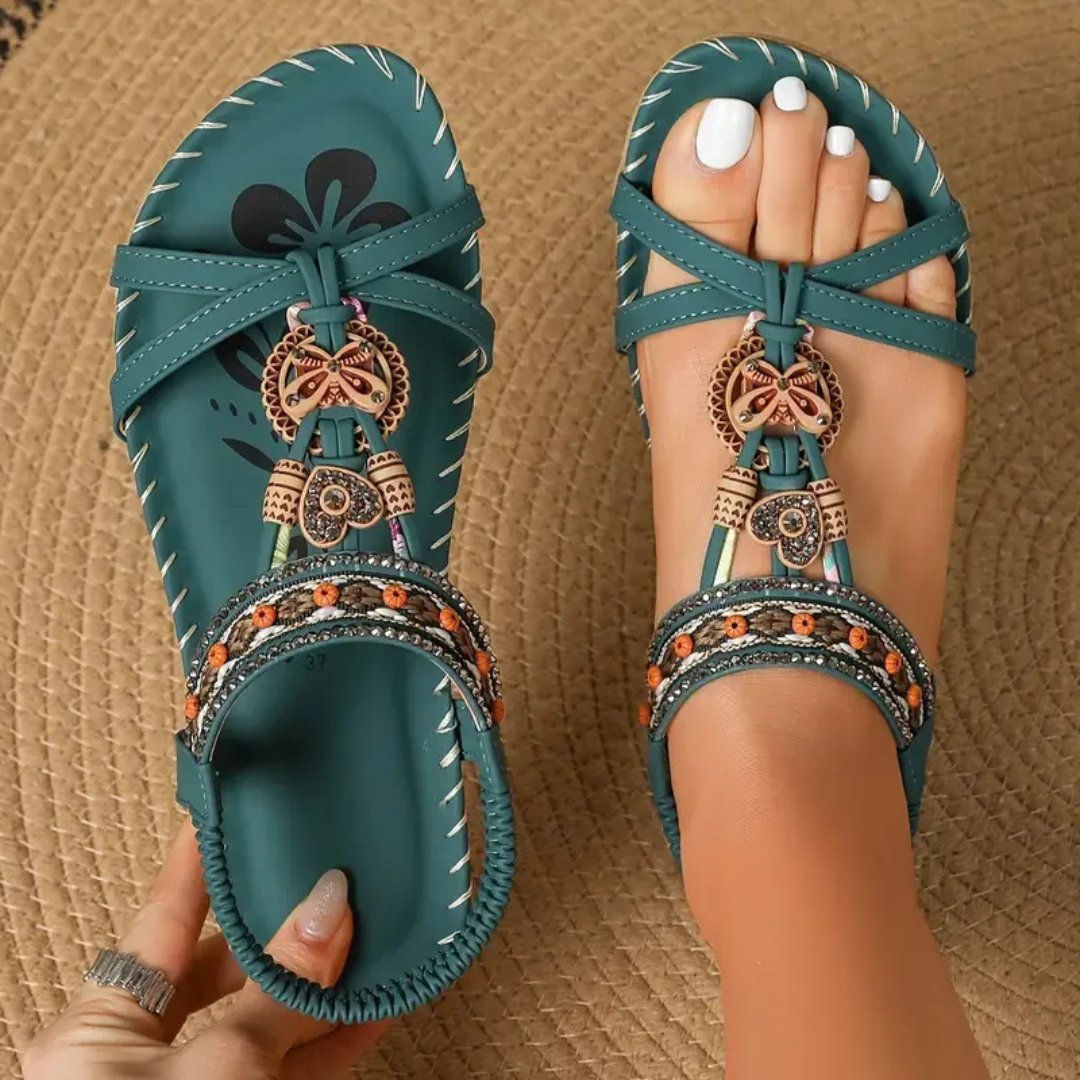 Women's Flat T-Strap Boho Beaded Orthopedic Summer Sandals - Dark Green