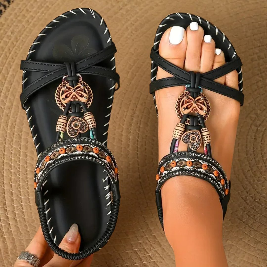 Women's Flat T-Strap Boho Beaded Orthopedic Summer Sandals - Black