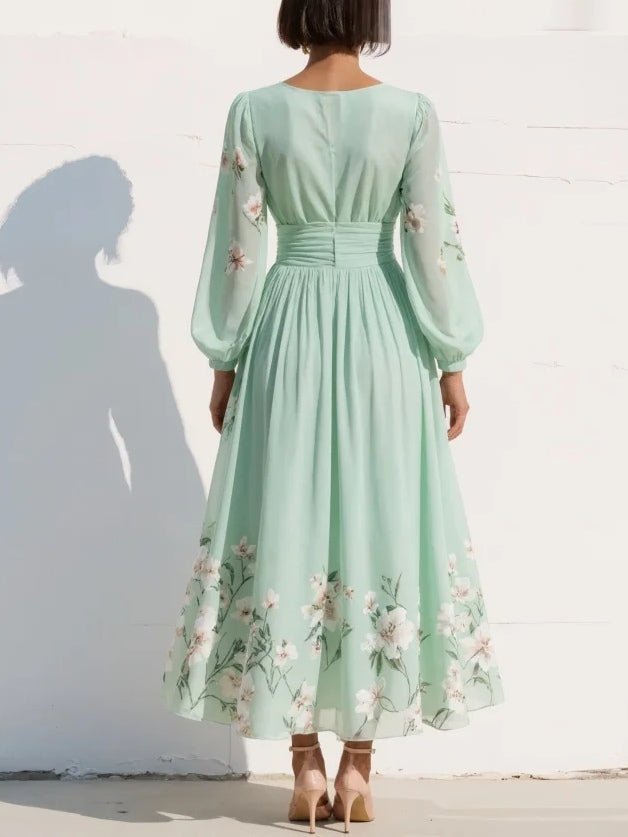 Women's Floral Chiffon V-Neck Balloon-Sleeve Midi Dress