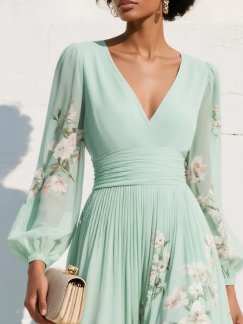 Women's Floral Chiffon V-Neck Balloon-Sleeve Midi Dress