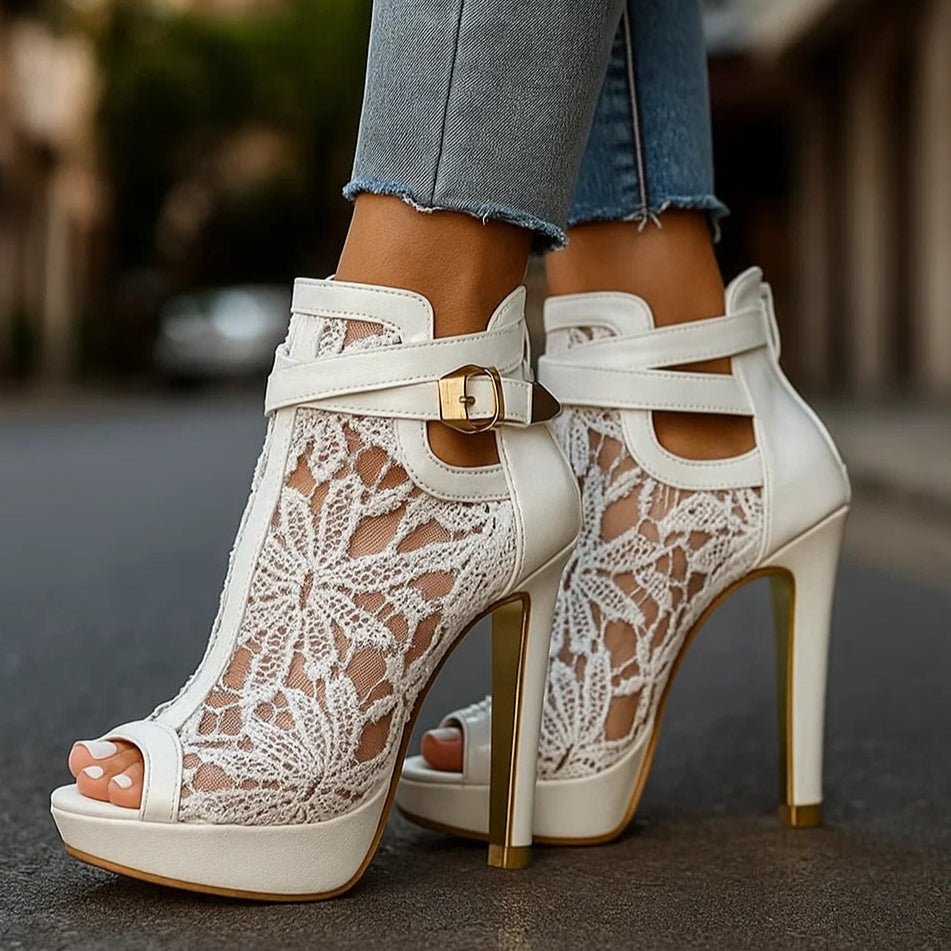 Women's Floral Lace Peep-Toe Stiletto Heel Ankle-Strap Boots