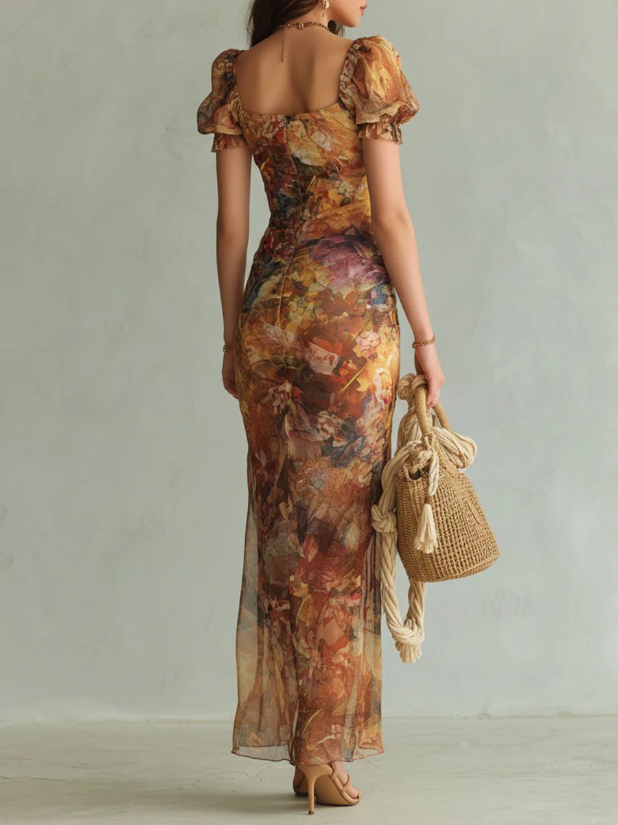 Women's Floral Print Chiffon Ruched Sweetheart Maxi Dress