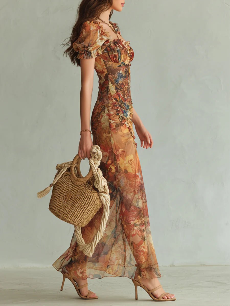 Women's Floral Print Chiffon Ruched Sweetheart Maxi Dress