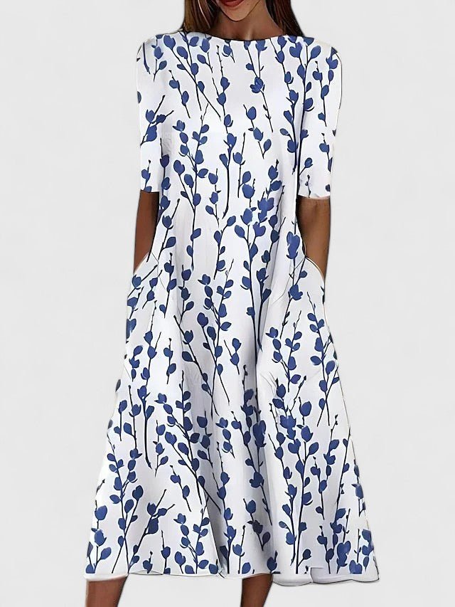 Women's Floral Print Fit-and-Flare Midi Dress Pockets - Blue
