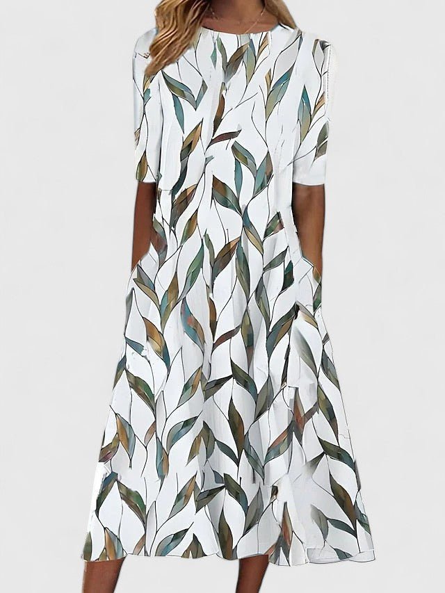 Women's Floral Print Fit-and-Flare Midi Dress Pockets - Green