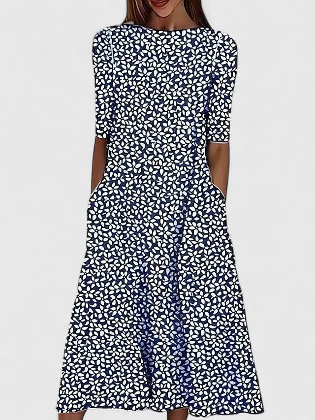 Women's Floral Print Fit-and-Flare Midi Dress Pockets - Dark Blue