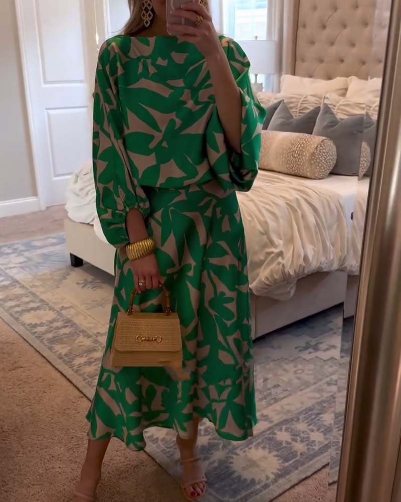Women's Floral-Print Lantern-Sleeve Relaxed Two-Piece Midi Skirt Set - Green