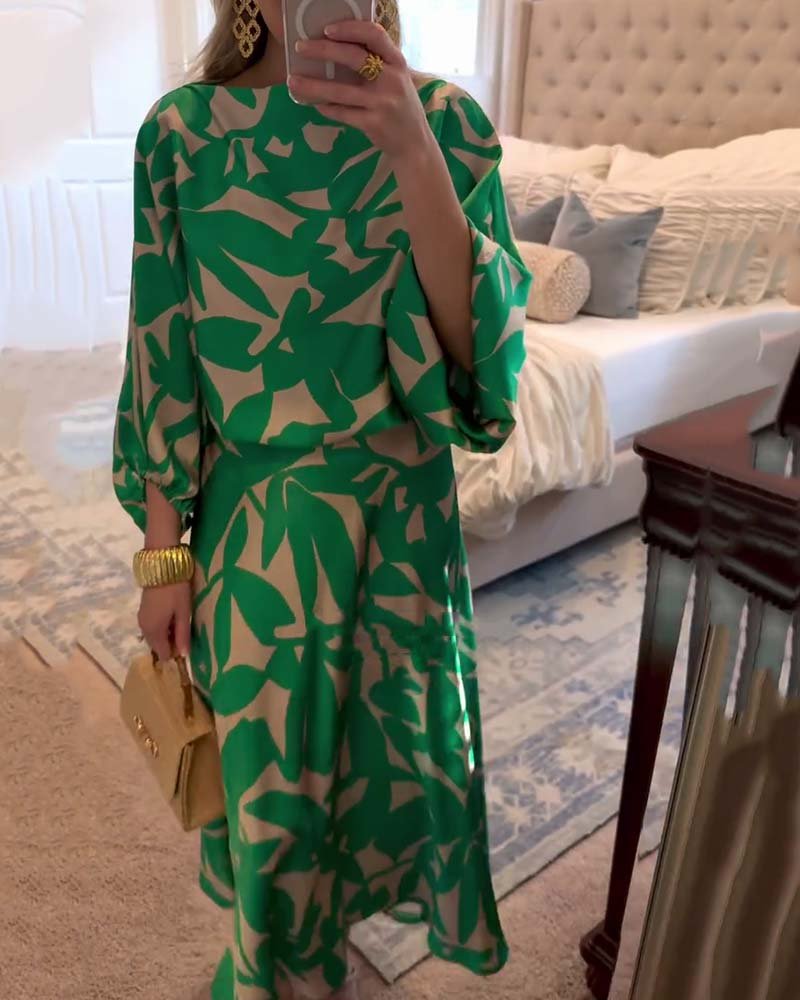 Women's Floral-Print Lantern-Sleeve Relaxed Two-Piece Midi Skirt Set