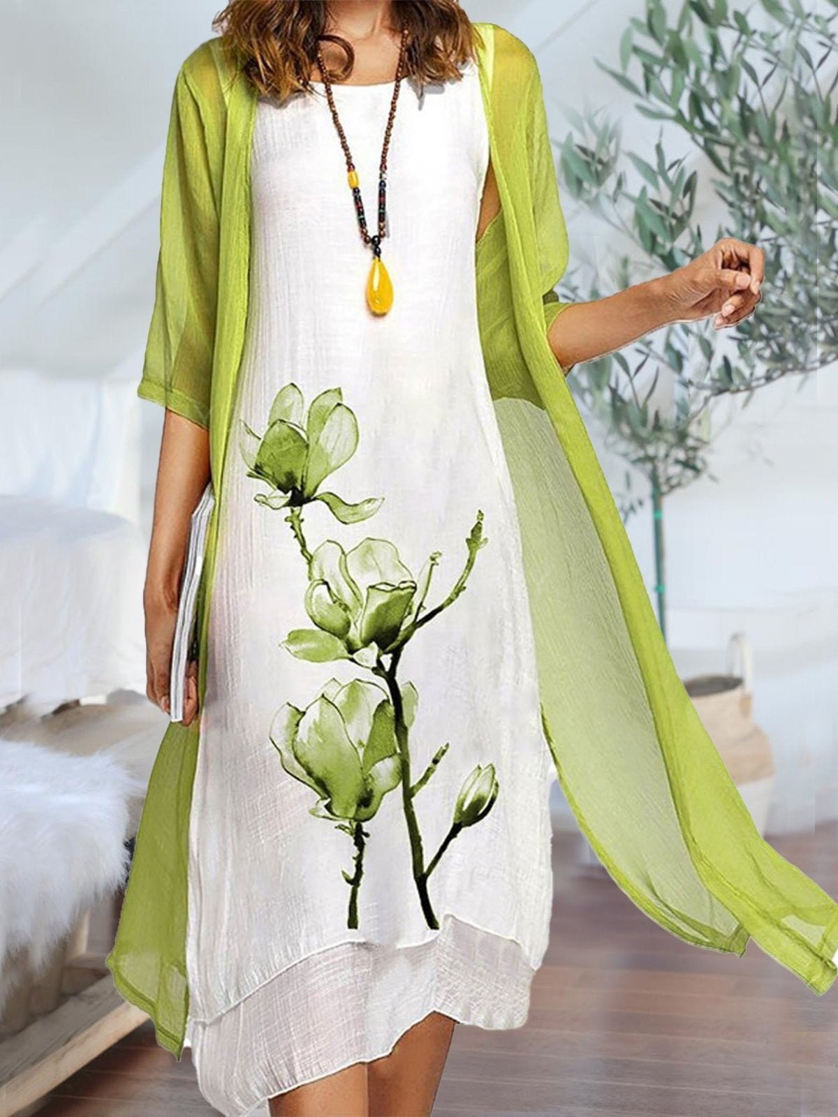 Women's Floral-Print Linen Sleeveless Midi Dress Chiffon Cardigan Set - Light Green