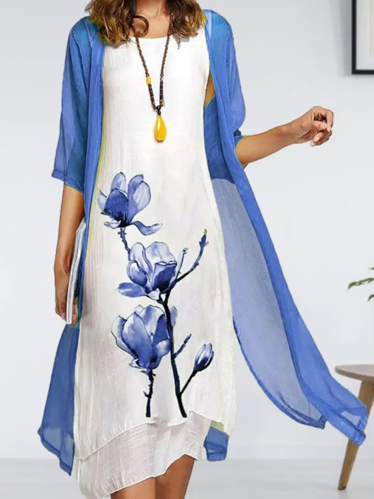 Women's Floral-Print Linen Sleeveless Midi Dress Chiffon Cardigan Set - Blue