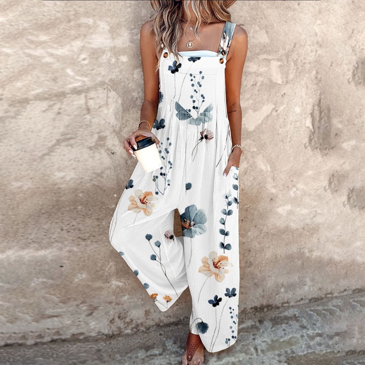 Women's Floral Print Wide-Leg Sleeveless Dungaree Jumpsuit - White