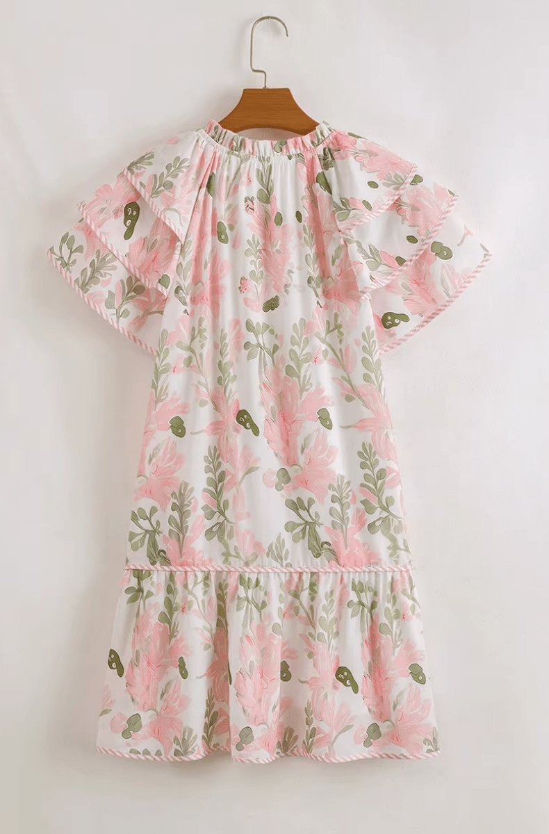 Women's Floral Puff-Sleeve Tie-Neck Relaxed Mini Dress