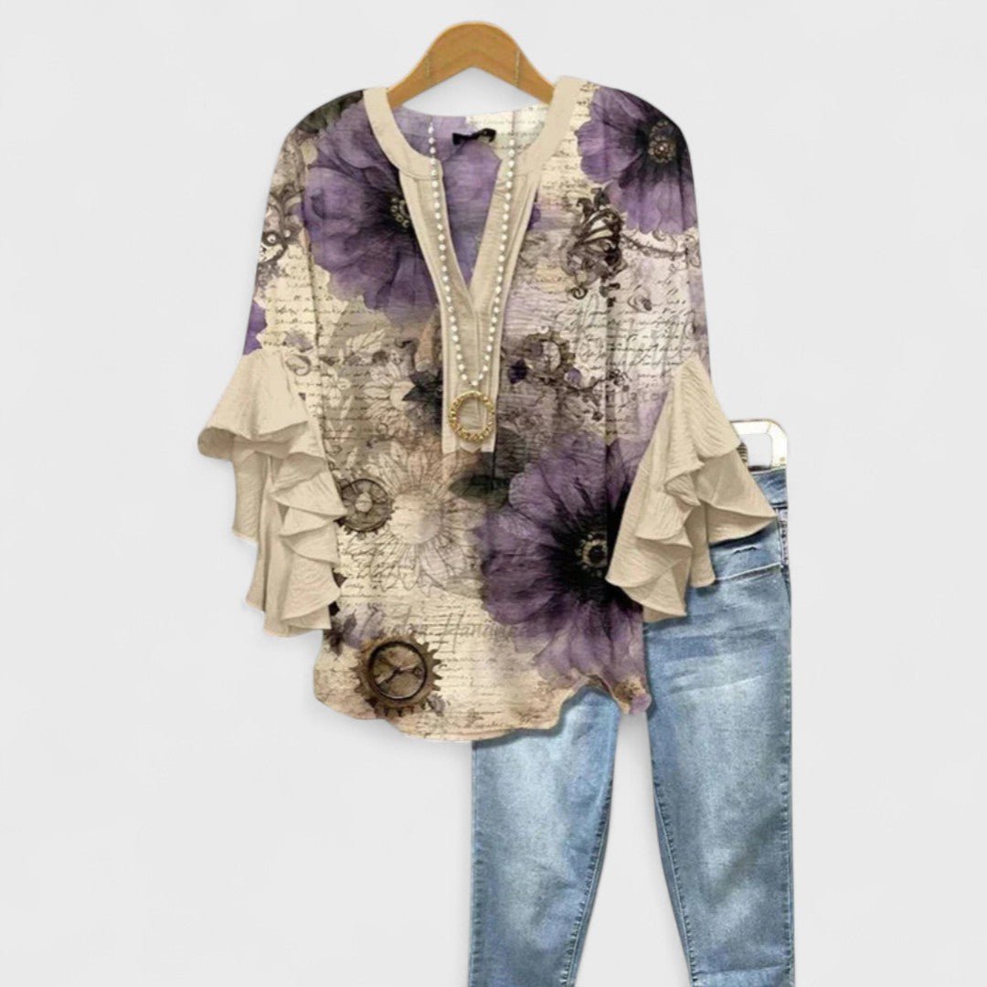 Women's Floral Ruffle-Sleeve V-Neck Lightweight Blouse - Beige