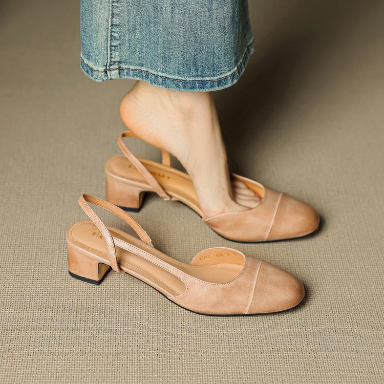 Women's Genuine Leather Almond-Toe Slingback Block-Heel Pumps