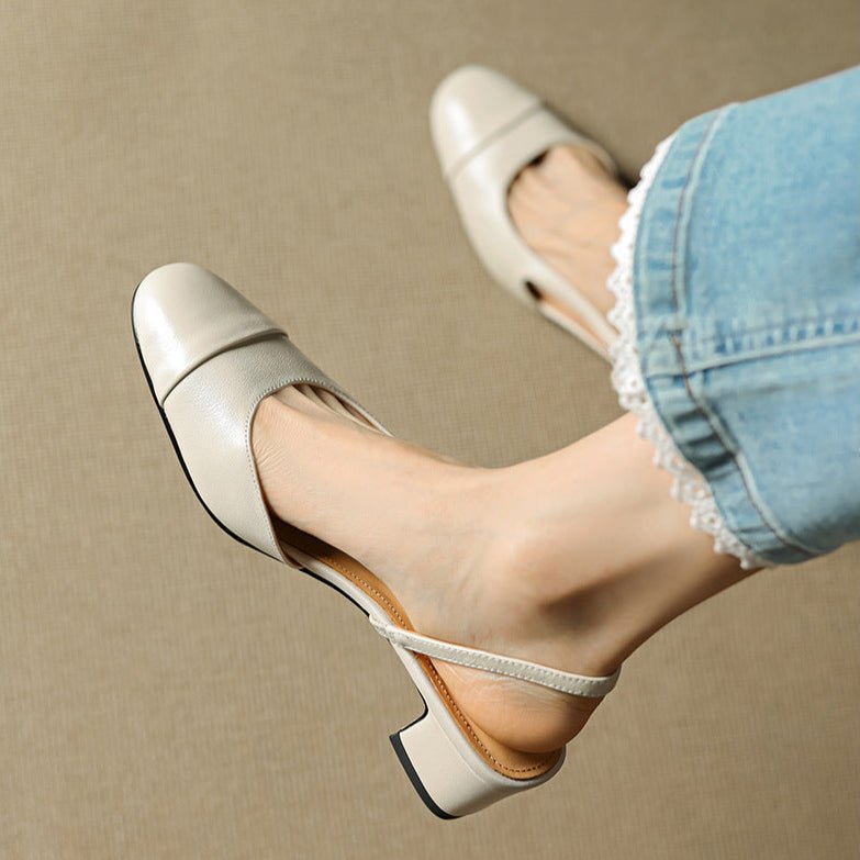 Women's Genuine Leather Almond-Toe Slingback Block-Heel Pumps
