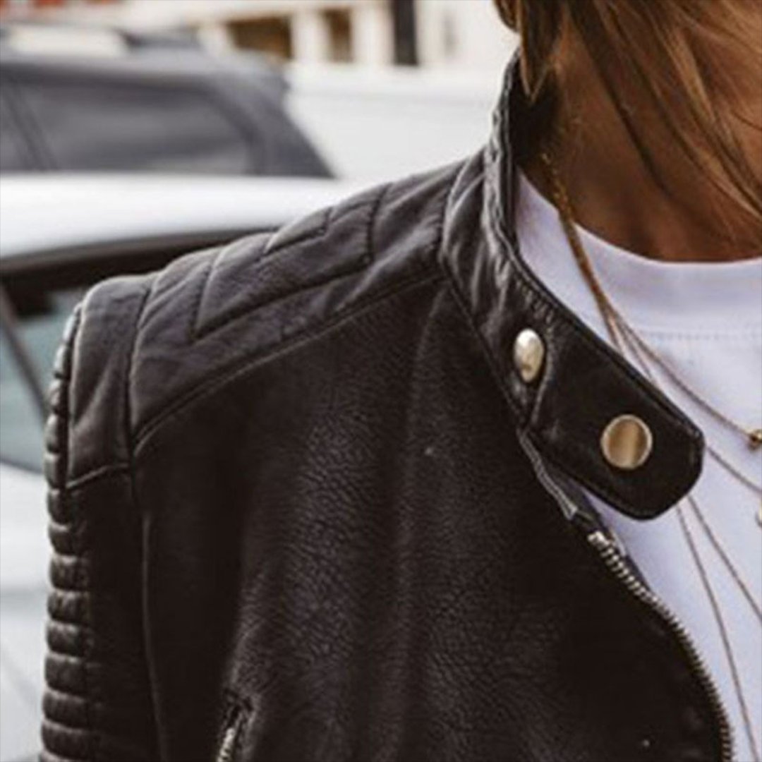 Women's Genuine Leather Biker Jacket Zip-Up Quilted-Sleeve Moto