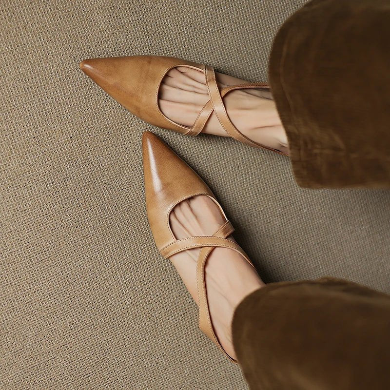 Women's Genuine Leather Cross-Strap Pointed-Toe Mules